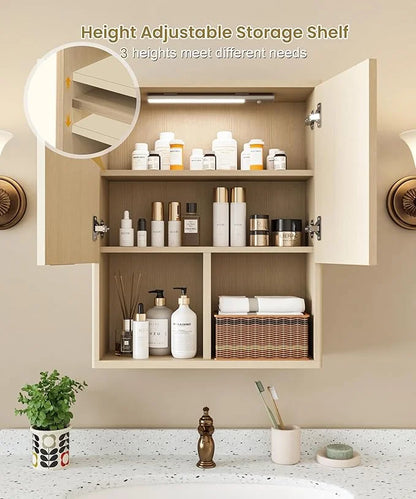 NEW Decorative Wall Cabinet with Motion Sensor LED and Adjustable Shelf for Bathroom ,Kitchen,Study (Oak Natural)