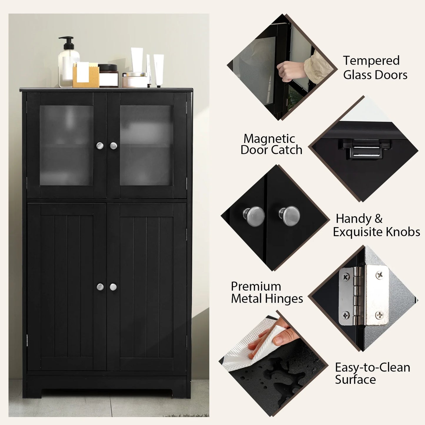 Costway Bathroom Floor Storage Cabinet Kitchen Cupboard w/Doors&Adjustable Shelf Black