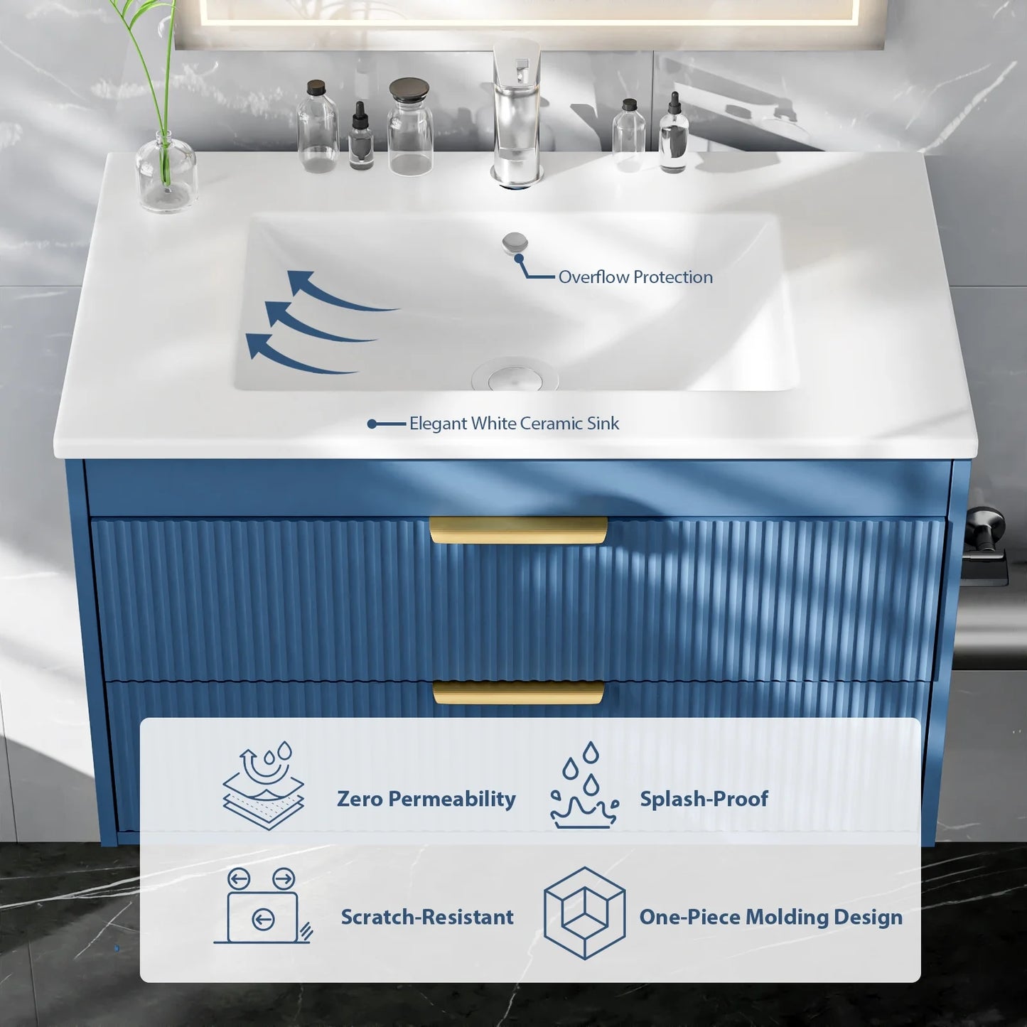 Advwin 30" Wall Mounted Bathroom Vanity with Ceramic Sink, Modern Floating Bathroom Storage Cabinet with Sensor Light & 2 Extra Large Drawers, White