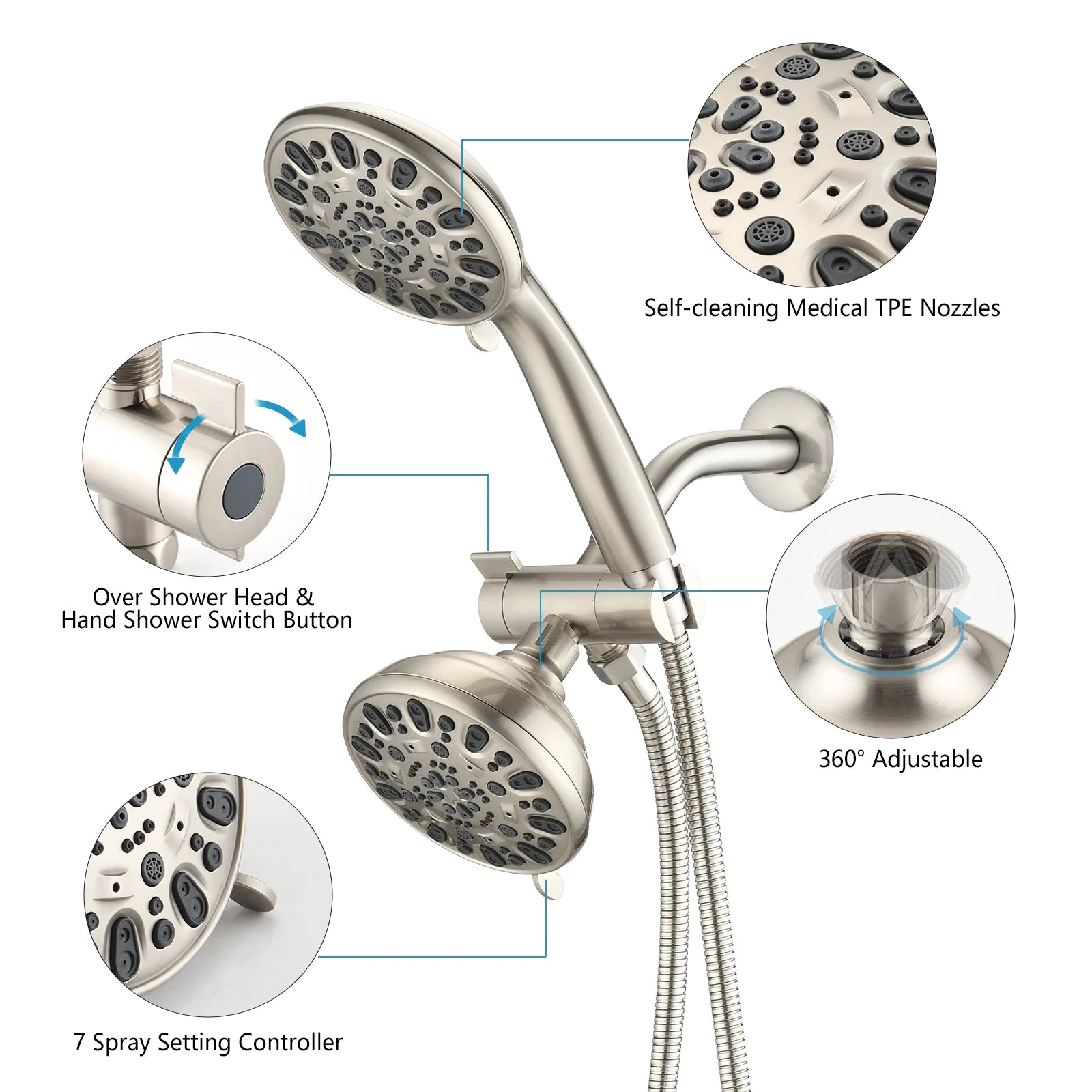 Proox 5 inch High Pressure Dual 2 in 1 Rain Showering Faucet Handheld Combo Set with Bathtub Spout