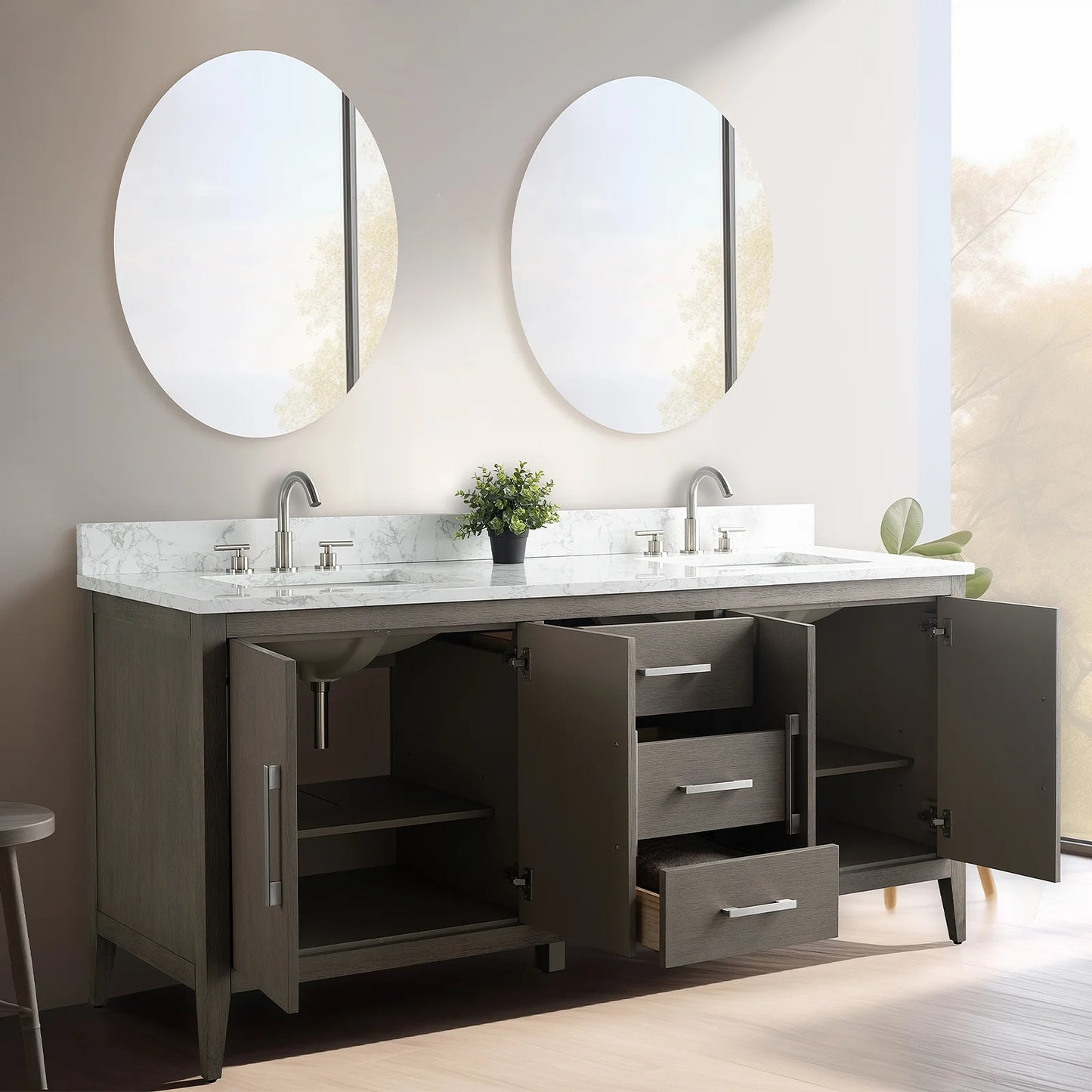 Vanity Art 72�� Double Sink Bathroom Vanity Cabinet with Engineered Marble Countertop
