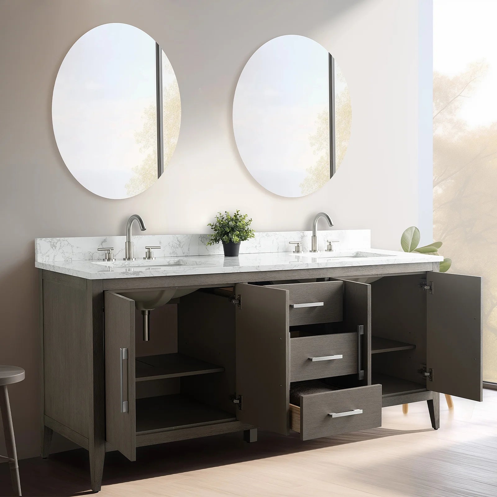 Vanity Art 72�� Double Sink Bathroom Vanity Cabinet with Engineered Marble Countertop
