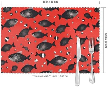 HJFCZH 6Pcs Heat Resistant Placemats, Thick & Wear-Resistant Table Mats for Dining, Home Kitchen Decor, Hotel Banquet, Washable Red Black Spot Fish Prints