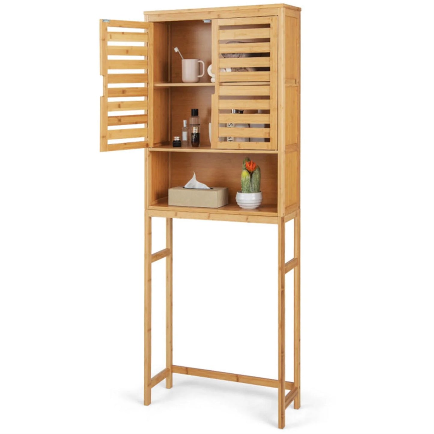 Finihen Bamboo Over The Toilet Storage Cabinet, Tall Bathroom Cabinet Organizer with Cupboard and Adjustable Shelves for Laundry Room, Balcony, Natural