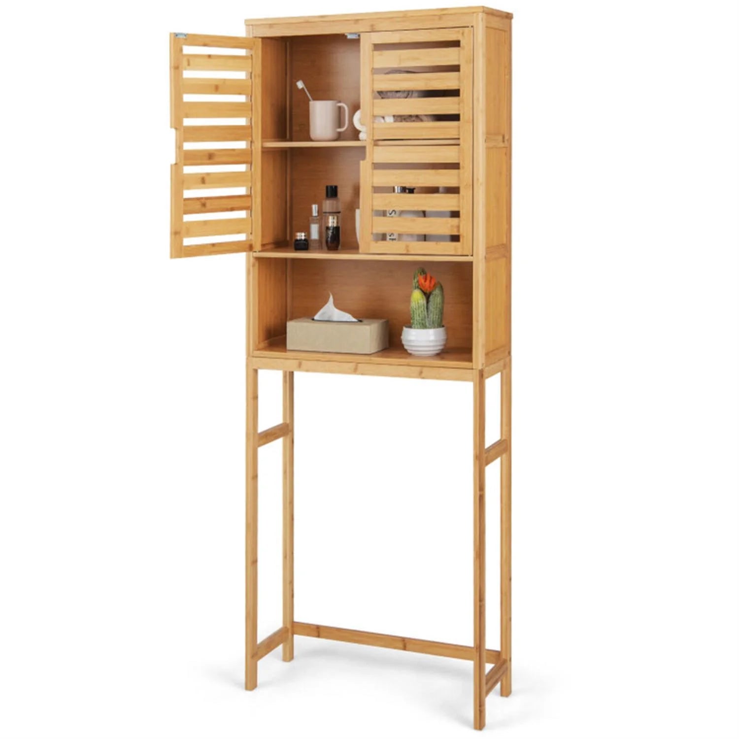 Finihen Bamboo Over The Toilet Storage Cabinet, Tall Bathroom Cabinet Organizer with Cupboard and Adjustable Shelves for Laundry Room, Balcony, Natural