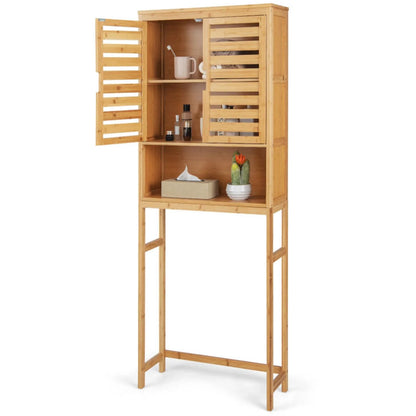 Finihen Bamboo Over The Toilet Storage Cabinet, Tall Bathroom Cabinet Organizer with Cupboard and Adjustable Shelves for Laundry Room, Balcony, Natural
