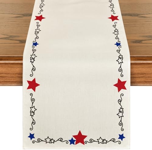Artoid Mode Beige Patriotic Stars Border 210 GSM 4th of July Table Runner, Memorial Day Kitchen Dining Table Decoration for Home Party Decor 13x36 Inch