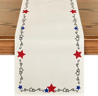 Artoid Mode Beige Patriotic Stars Border 210 GSM 4th of July Table Runner, Memorial Day Kitchen Dining Table Decoration for Home Party Decor 13x36 Inch