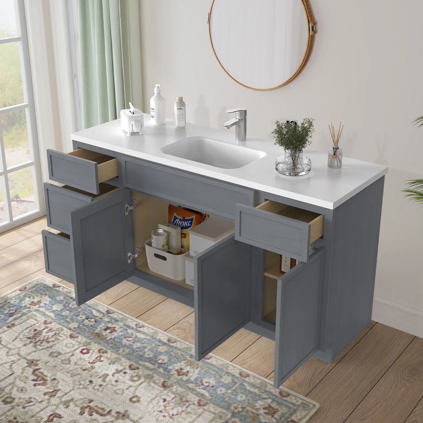 Vanity Art 63" Freestanding Bathroom Vanity Cabinet without Top in Smoky Gray