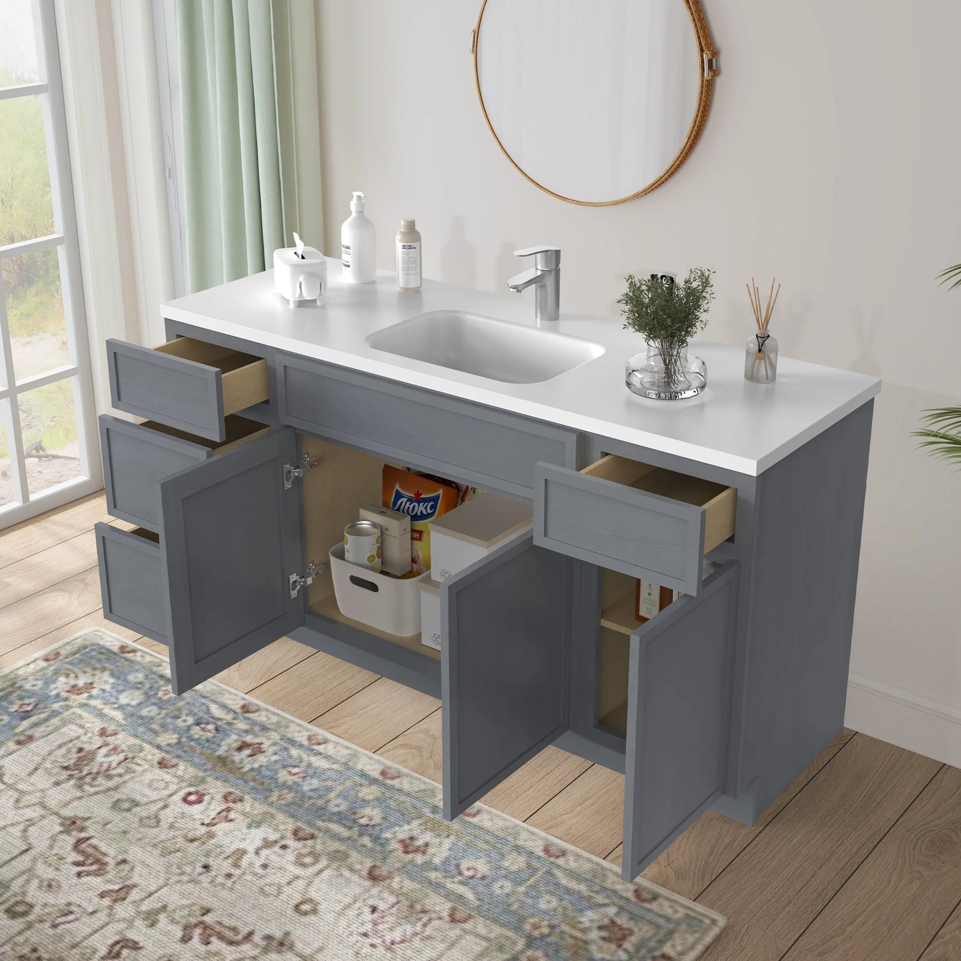 Vanity Art 63" Freestanding Bathroom Vanity Cabinet without Top in Smoky Gray