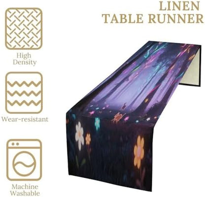 Holographic Projection Forest Linen Table Runner , Table Cloth Washable , Tablecloth for Kitchen Coffee Table Family Dinners Holiday Parties Home Decor (13.4x72.4 Inch)