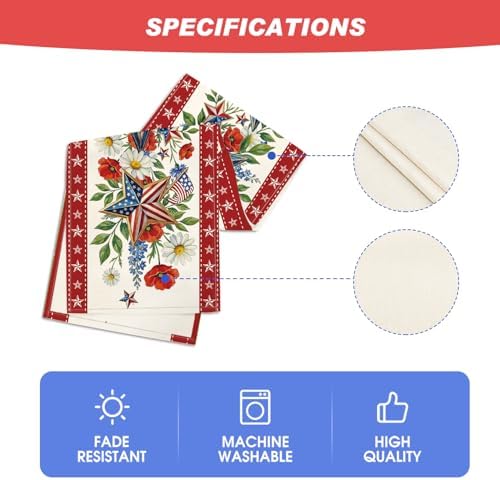 Artoid Mode American Flag Stars Flowers 210 GSM 4th of July Table Runner, Memorial Day Kitchen Dining Table Decoration for Home Party Decor 13x36 Inch