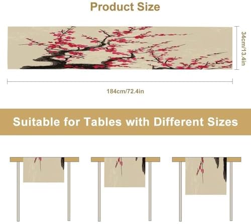 Japanese Floral Cherry Blossom Linen Table Runner , Table Cloth Washable , Tablecloth for Kitchen Coffee Table Family Dinners Holiday Parties Home Decor (13.4x72.4 Inch)
