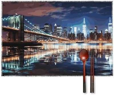New York Night Placemats Set of 6 Heat Resistant Place Mats Washable Table Mat Anti Slip Dining Table Place Mat Wipeable Placemat for Kitchen Indoor Outdoor Party 18X12In
