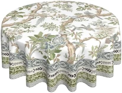 Spring Chinoiserie Floral Round Tablecloth 70 Inch Bird Tree Flower Pattern Table Cover Sage Green Branch Washable Decoration Tablecloth Indoor and Outdoor Dining Table Home Party Decor