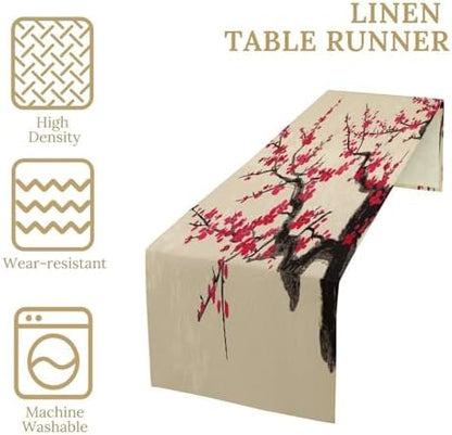 Japanese Floral Cherry Blossom Linen Table Runner , Table Cloth Washable , Tablecloth for Kitchen Coffee Table Family Dinners Holiday Parties Home Decor (13.4x72.4 Inch)