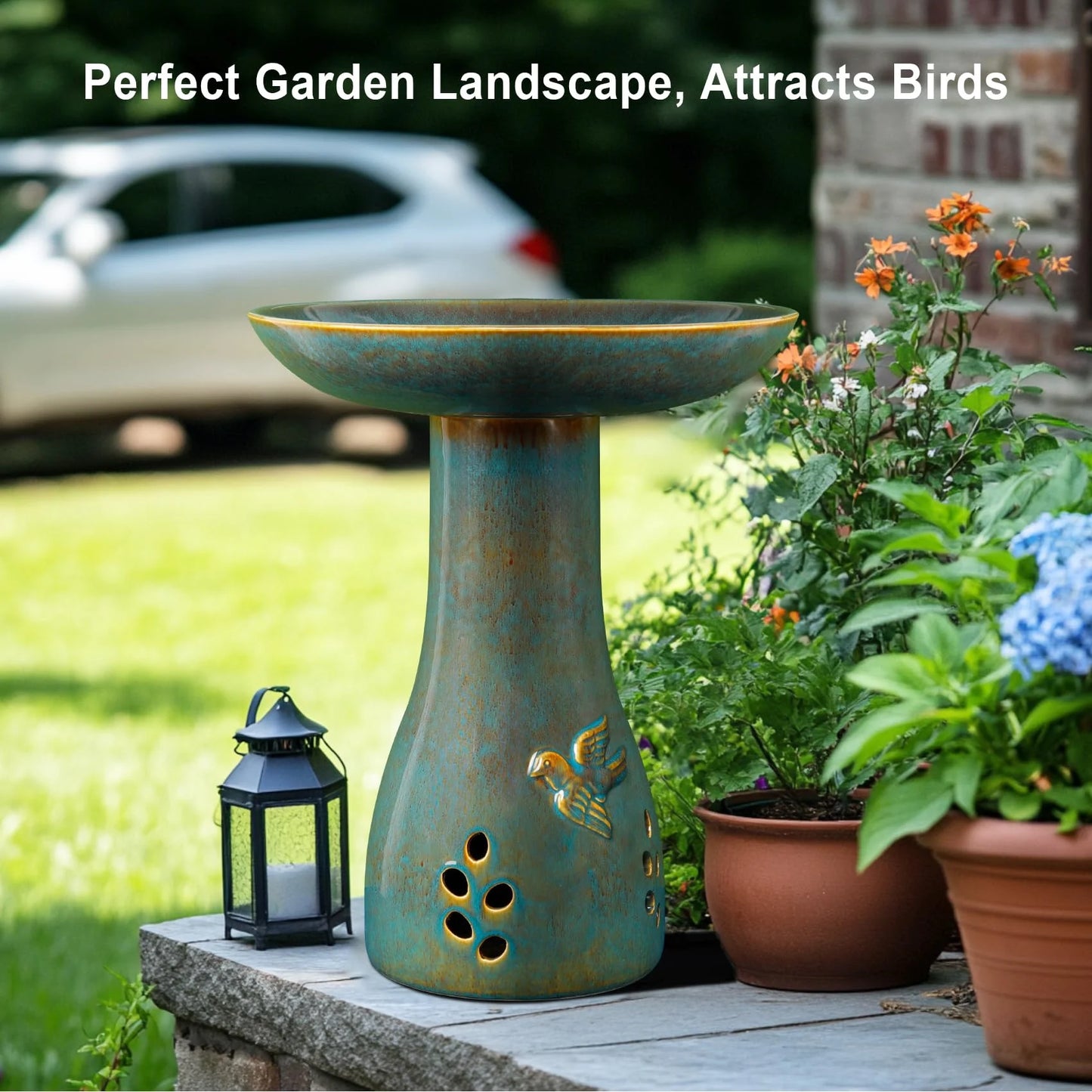 EFISPSS Ceramic Outdoor Bird Bath with Diamond and Blue Decor