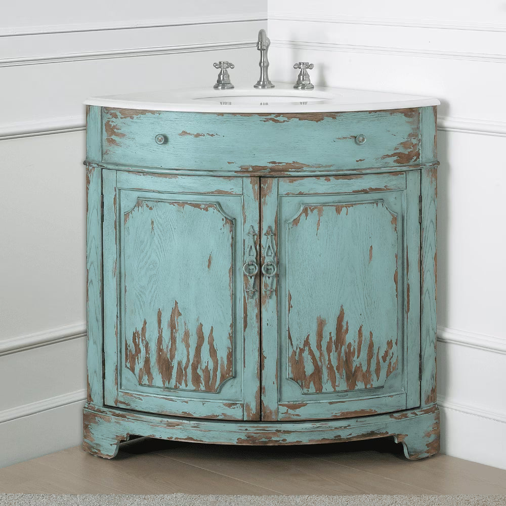 Benton Collection 24" Distressed Gray Corner Bathroom Vanity with White Quartz Top