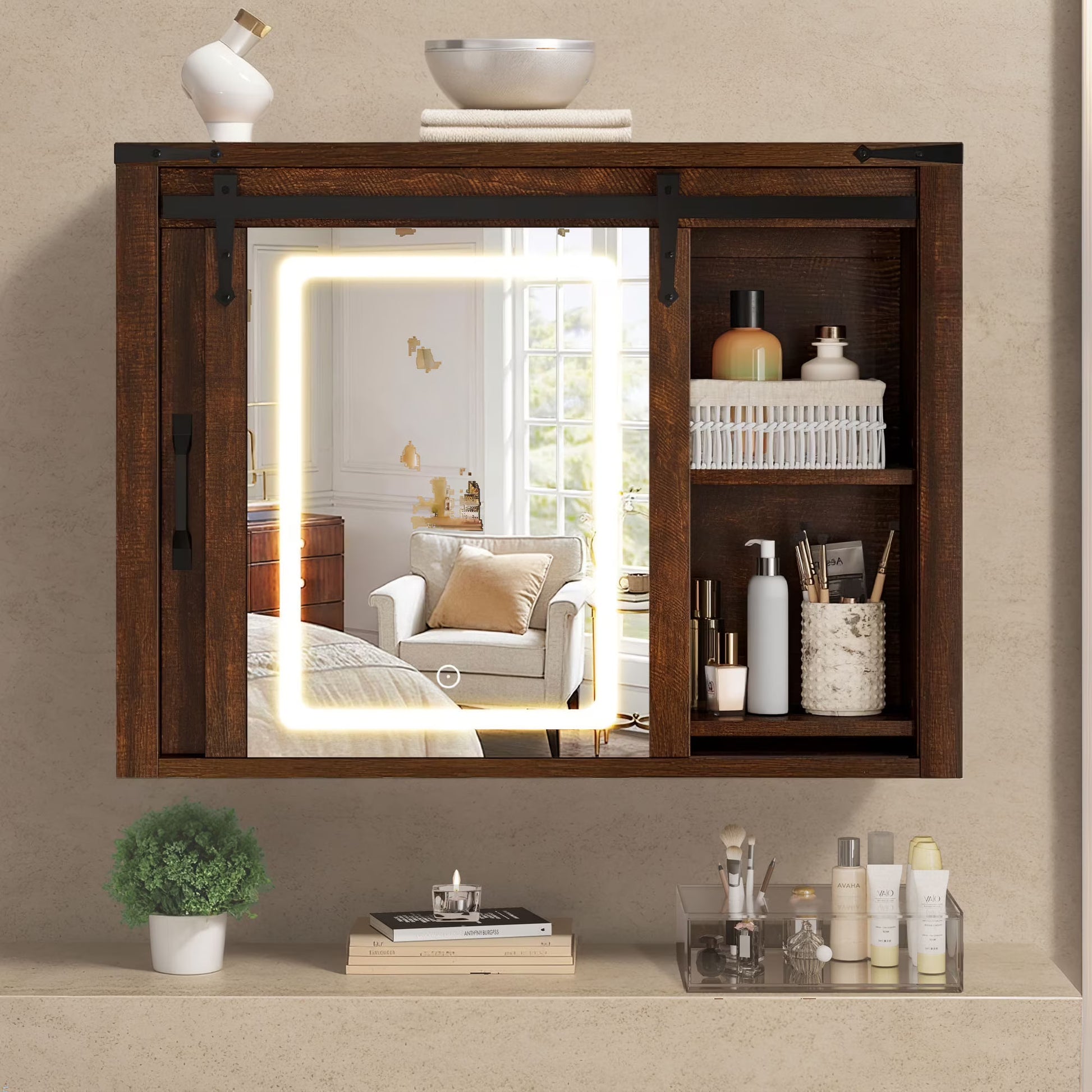 DWVO Bathroom Wall Cabinet with LED Lights Mirror, Medicine Cabinet with Door and Adjustable Shelf, White