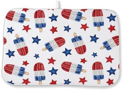 4th of July Dish Drying Mat 18x24 Inch Blue Red Ice Cream Stars Patriotic Drying Mat Independence Day Memorial Day Absorbent Dish Drying Pad Dish Rack Drainer Mats for Kitchen Dining Counter