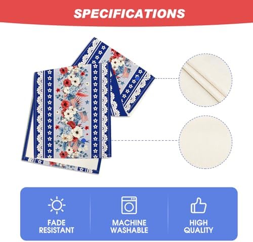 Artoid Mode Blue Poppy American Flag Stars 210 GSM 4th of July Table Runner, Memorial Day Kitchen Dining Table Decoration for Home Party Decor 13x36 Inch