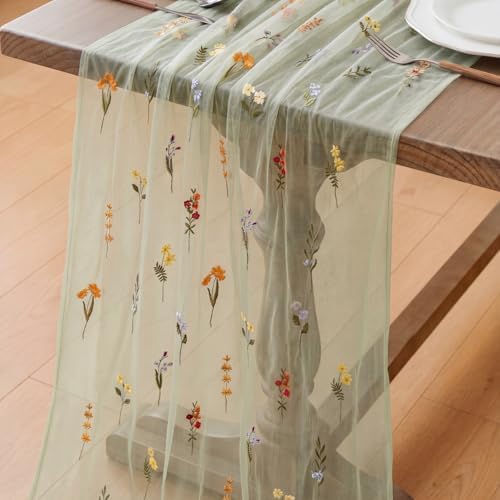 Boao 1 Pcs Wildflower Table Runner Embroidery Tulle Spring Summer Table Runner 120 Inch 10 ft Kitchen Dining Decoration for Wedding Baby Shower Bridal Shower Home Decor Birthday Party