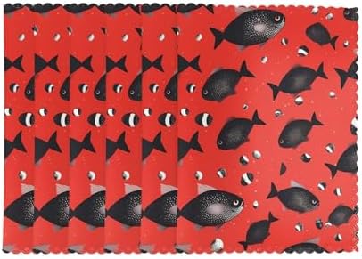 HJFCZH 6Pcs Heat Resistant Placemats, Thick & Wear-Resistant Table Mats for Dining, Home Kitchen Decor, Hotel Banquet, Washable Red Black Spot Fish Prints