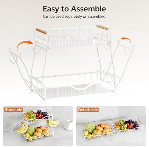 2 Tier Fruit Basket for Kitchen Countertop with 2 Banana Hangers,Detachable Metal Fruit Bowl with Wooden Handles and Protective Pads,Large Capacity Fruit and Vegetable Basket Organizer