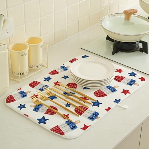 4th of July Dish Drying Mat 18x24 Inch Blue Red Ice Cream Stars Patriotic Drying Mat Independence Day Memorial Day Absorbent Dish Drying Pad Dish Rack Drainer Mats for Kitchen Dining Counter