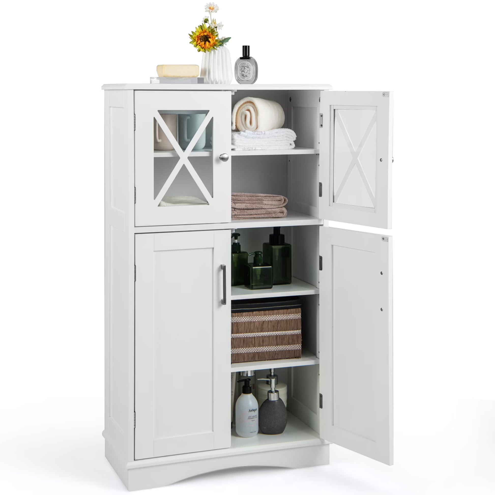 Costway Bathroom Storage Cabinet Linen Storage Cabinet with Doors and Adjustable Shelves White