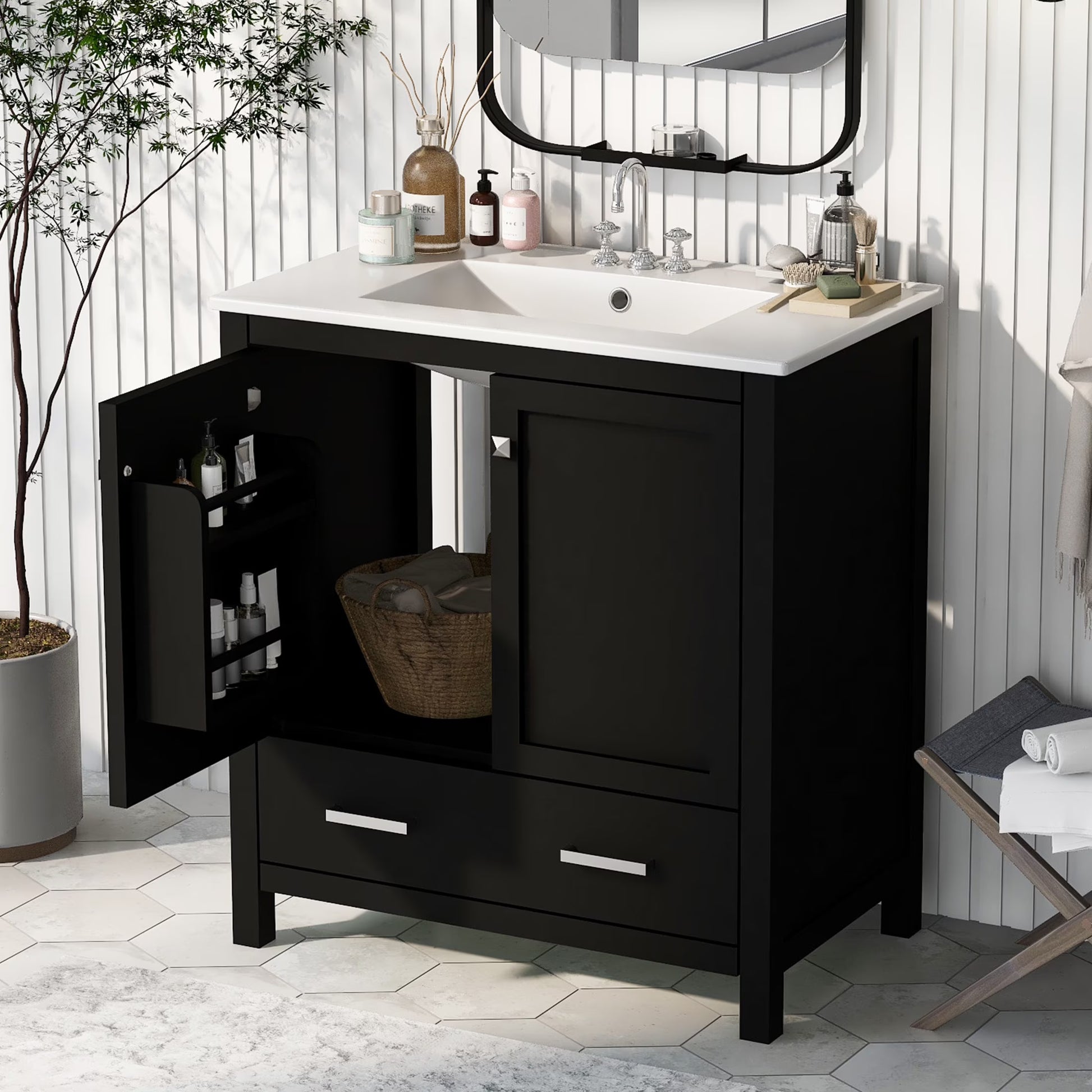 Zolaris Modern Bathroom Vanity with Ceramic Sink, Shelves, Drawers, Wood, Gray