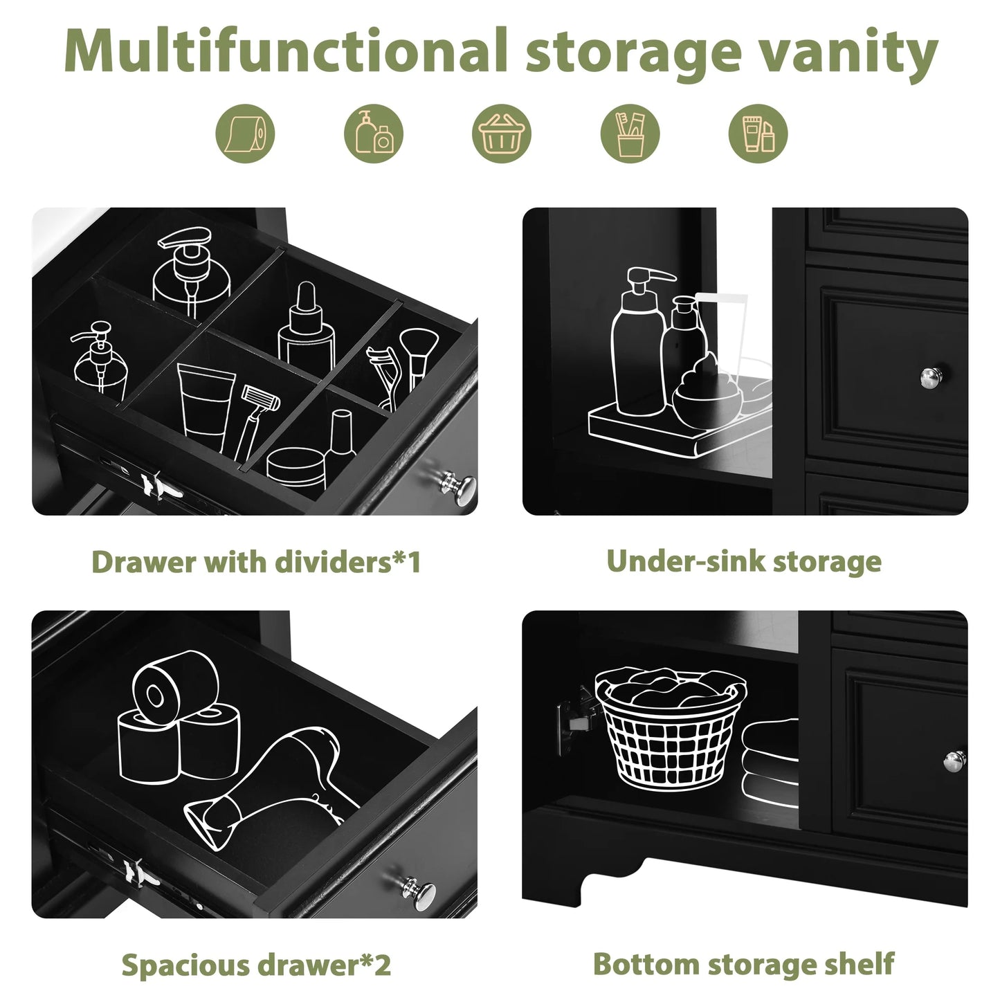 viswild 30" Bathroom Vanity with Ceramic Sink, Soft Close Drawers & Adjustable Shelf, Compact Freestanding Cabinet for Small Spaces, Black