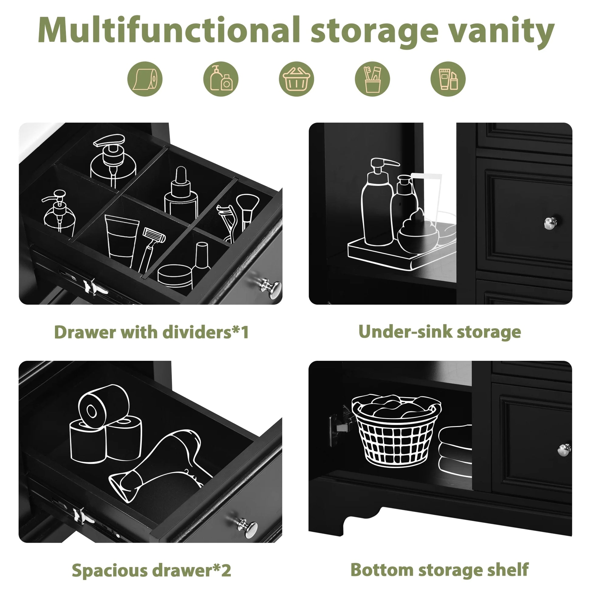 viswild 30" Bathroom Vanity with Ceramic Sink, Soft Close Drawers & Adjustable Shelf, Compact Freestanding Cabinet for Small Spaces, Black