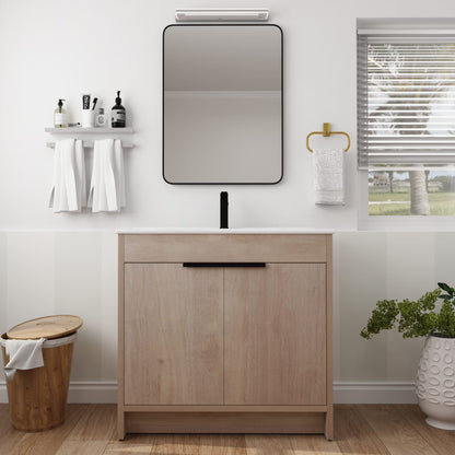 36 Inch Bathroom Vanity with White Ceramic Sink Combo, Large Storage Modern Freestanding Small Single Bath Vanity for Bathroom, Plain Light Oak