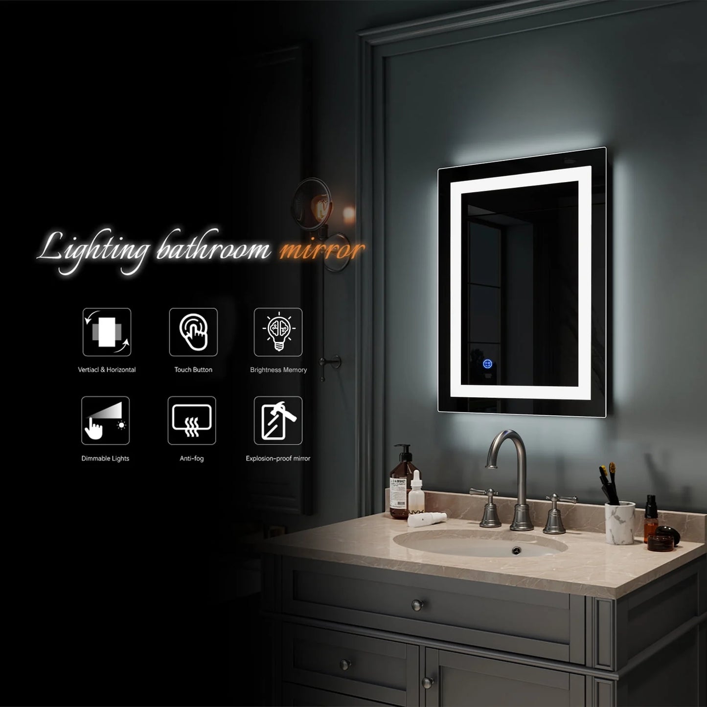 Ktaxon 28x20 inch LED Lighted Bathroom Mirror Silvered Wall Mounted Mirror with Touch Button,Anti Fog and IP67 Waterproof Square Mirror