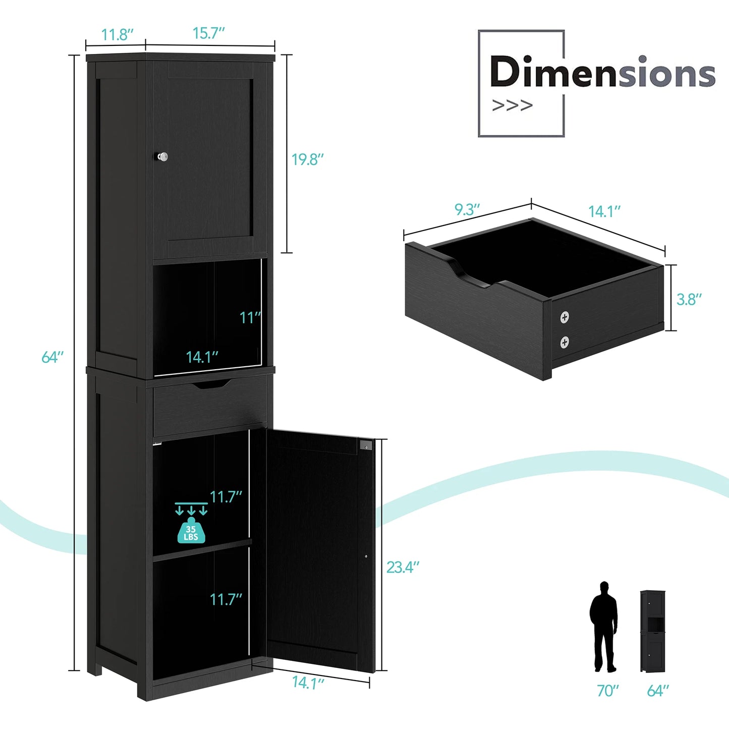 Walsunny Bathroom Storage Cabinet 64" Tall Wooden Kitchen Cupboard Pantry Cabinet with Doors Shelves Drawer Black