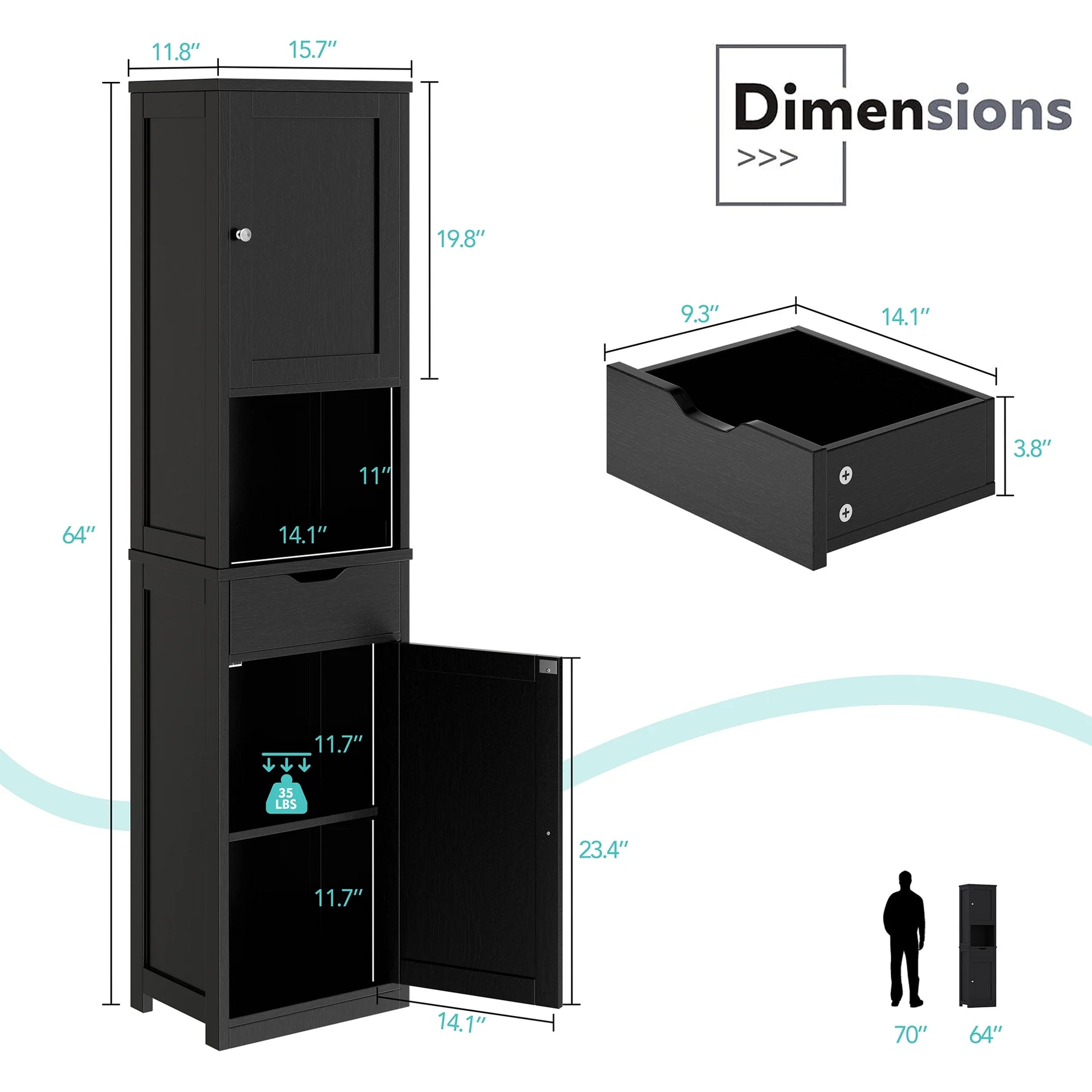 Walsunny Bathroom Storage Cabinet 64" Tall Wooden Kitchen Cupboard Pantry Cabinet with Doors Shelves Drawer Black