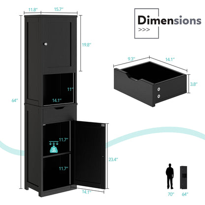 Walsunny Bathroom Storage Cabinet 64" Tall Wooden Kitchen Cupboard Pantry Cabinet with Doors Shelves Drawer Black