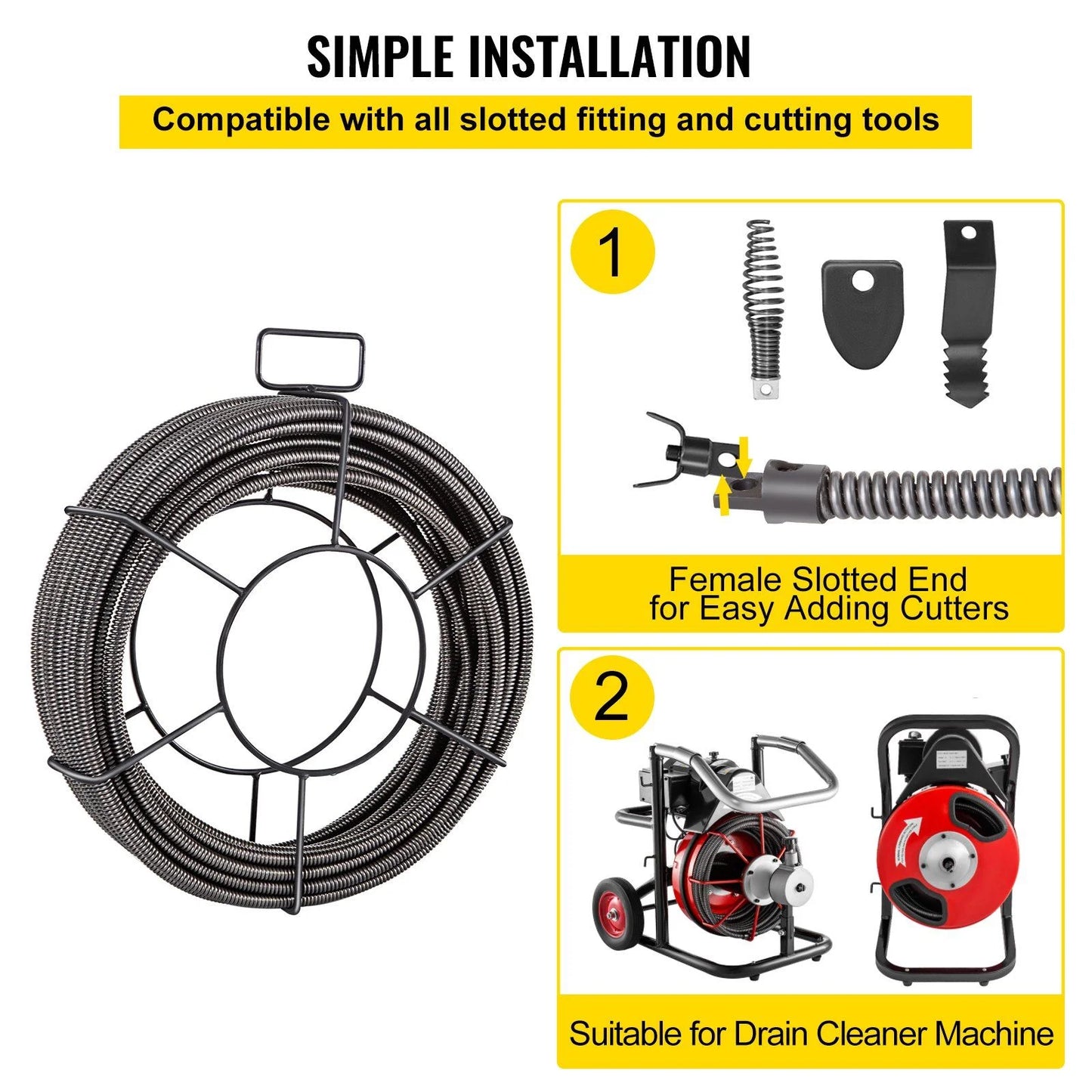 1/2 x 100ft Solid Drain Spiral Cable - Heavy Duty Serpentine Pipe for Kitchen/Bathroom Sink Clogged, Sewer Cleaning Tool