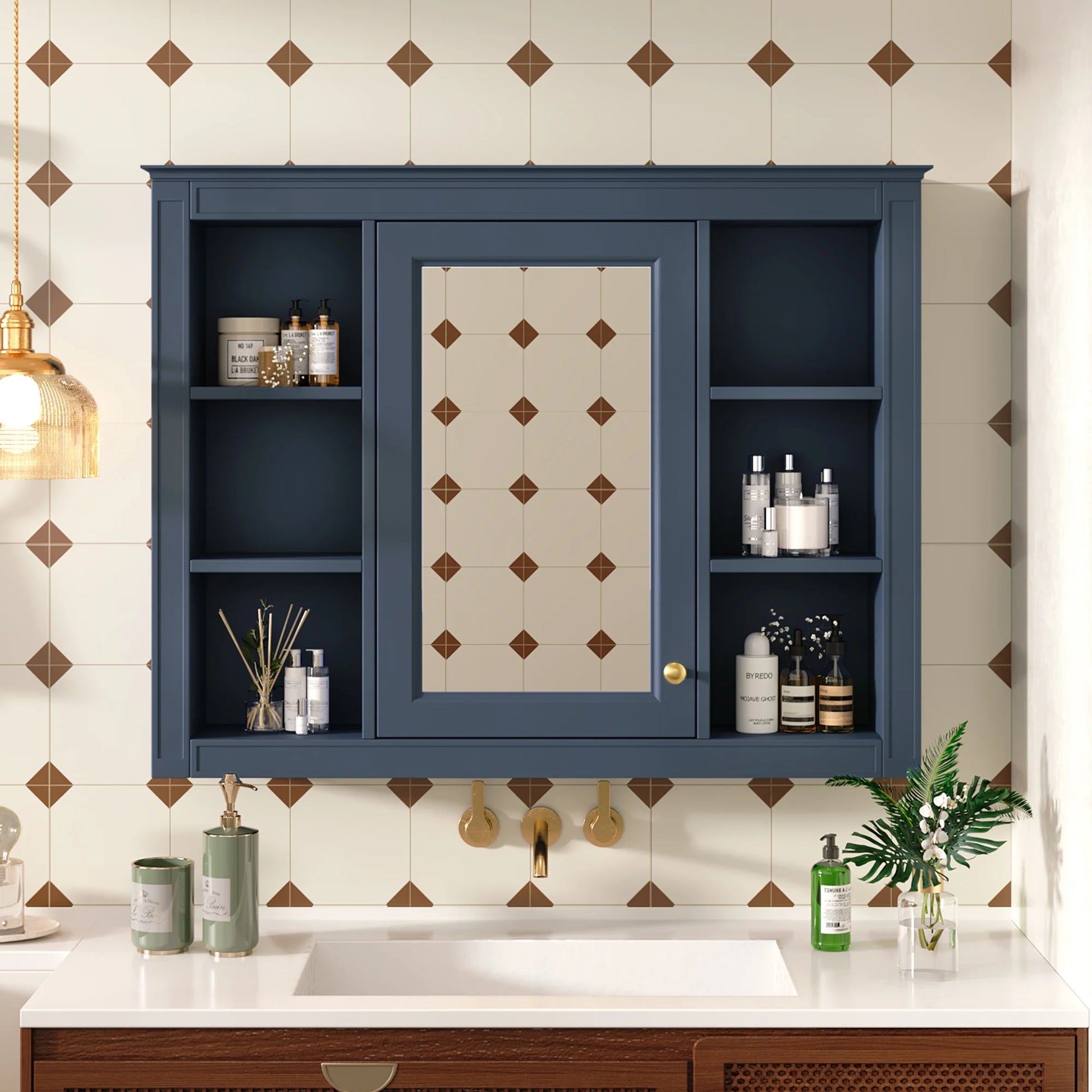 Furvclv Bathroom Wall Mirror Cabinet Modern Wall Mounted Cabinet Storage Organizer With Single Mirror Door 6 Open Shelves