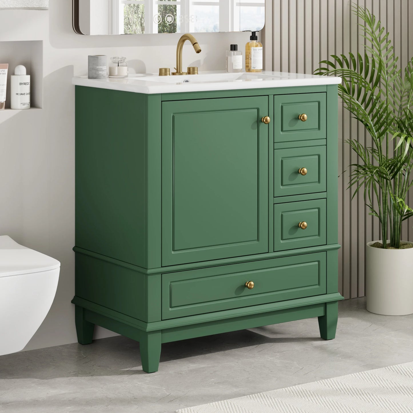 Euroco 30" Bathroom Vanity with Sink, One Door with Shelf and Three Drawers, Soft Close Door