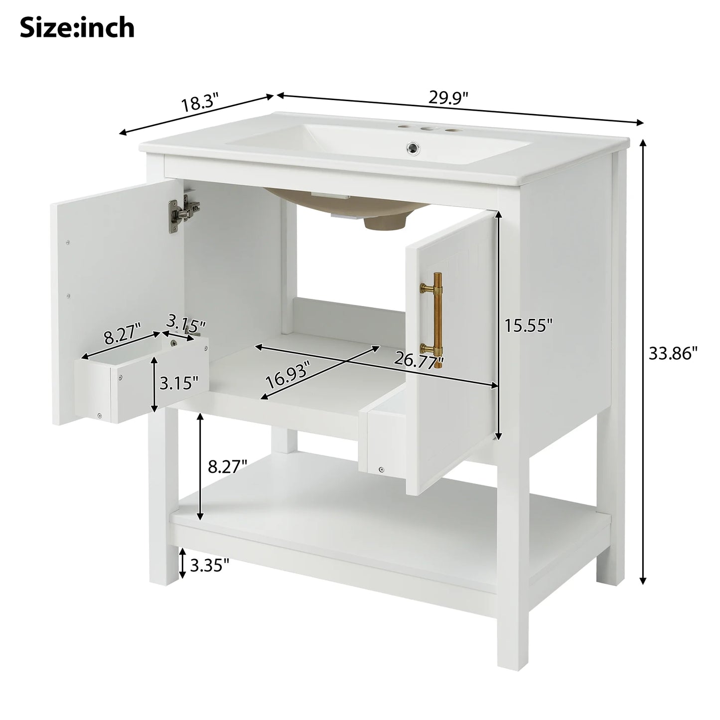 30-Inch White Bathroom Vanity with Ceramic Sink and Versatile Storage - Ideal for Small Bathrooms, White