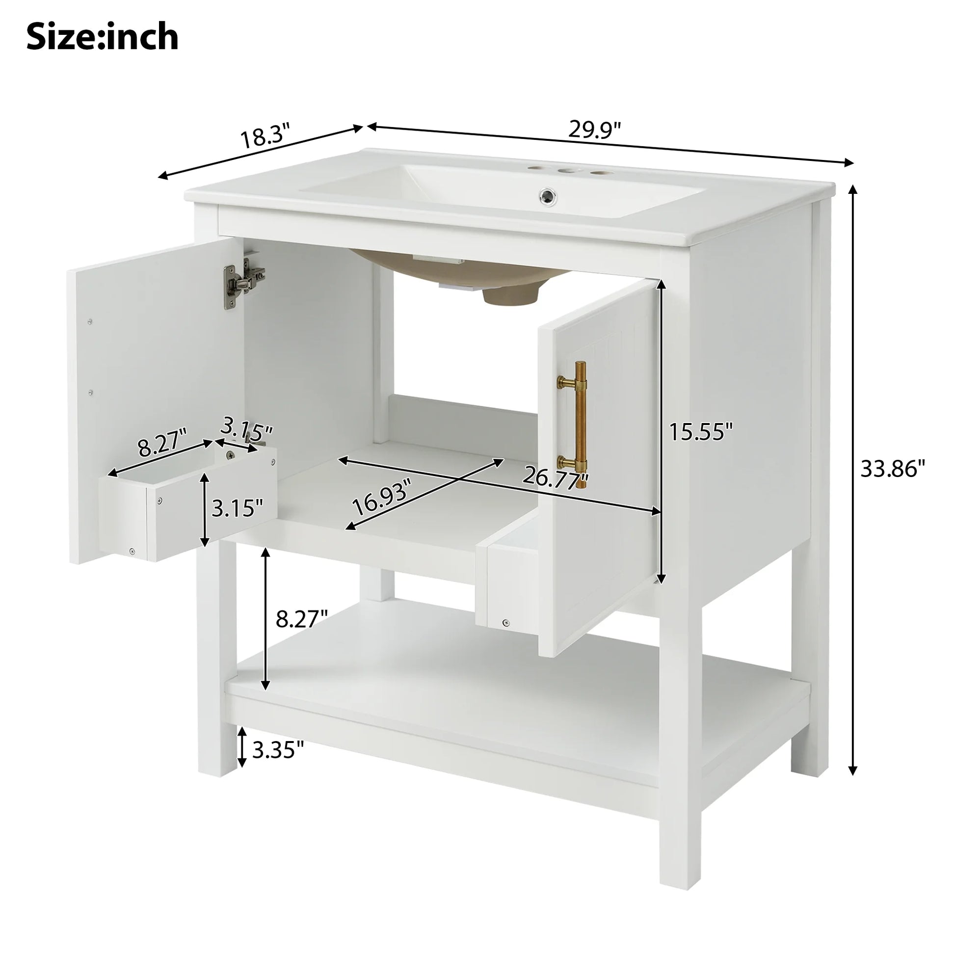 30-Inch White Bathroom Vanity with Ceramic Sink and Versatile Storage - Ideal for Small Bathrooms, White