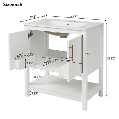 30-Inch White Bathroom Vanity with Ceramic Sink and Versatile Storage - Ideal for Small Bathrooms, White