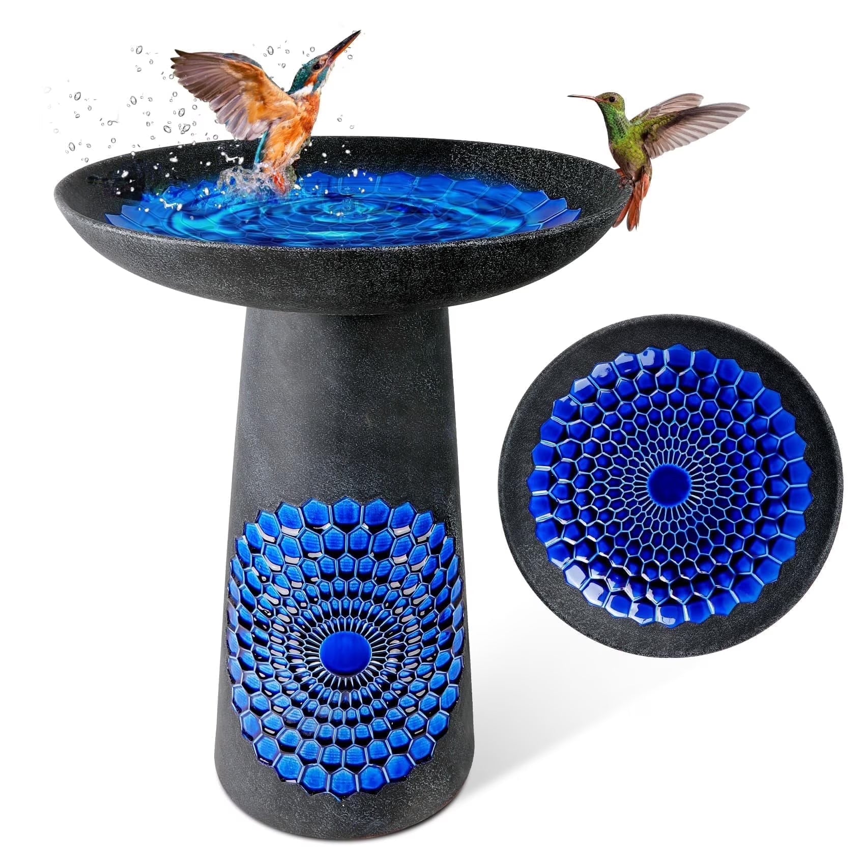 EFISPSS Ceramic Outdoor Bird Bath with Diamond and Blue Decor