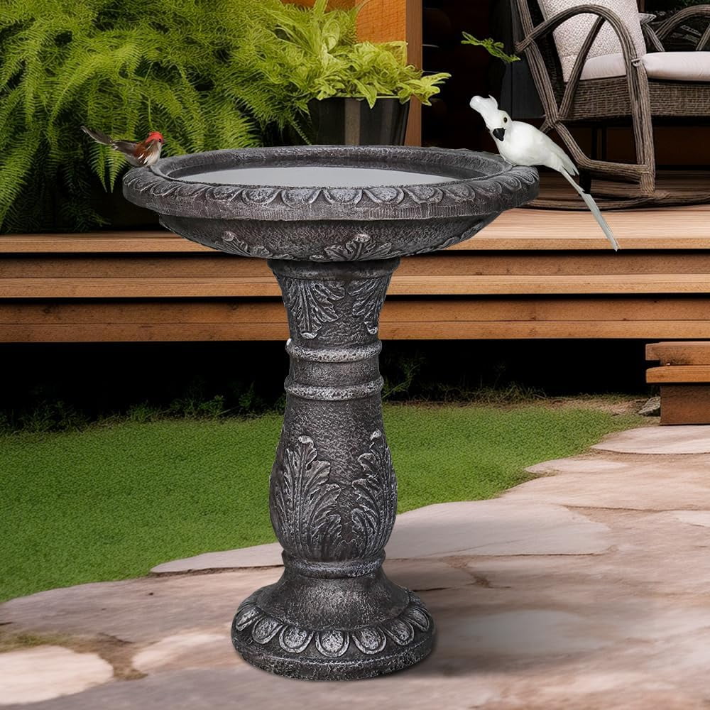 24.4" H Cement Bird Bath for Garden- Fibre Reinforced Concrete Bird Baths for Outdoors, Large Size Vintage Carved Pedestal Birdbath for Patio, Yard, Lawn -20��Dia. X 24.4��H Bird Fountain