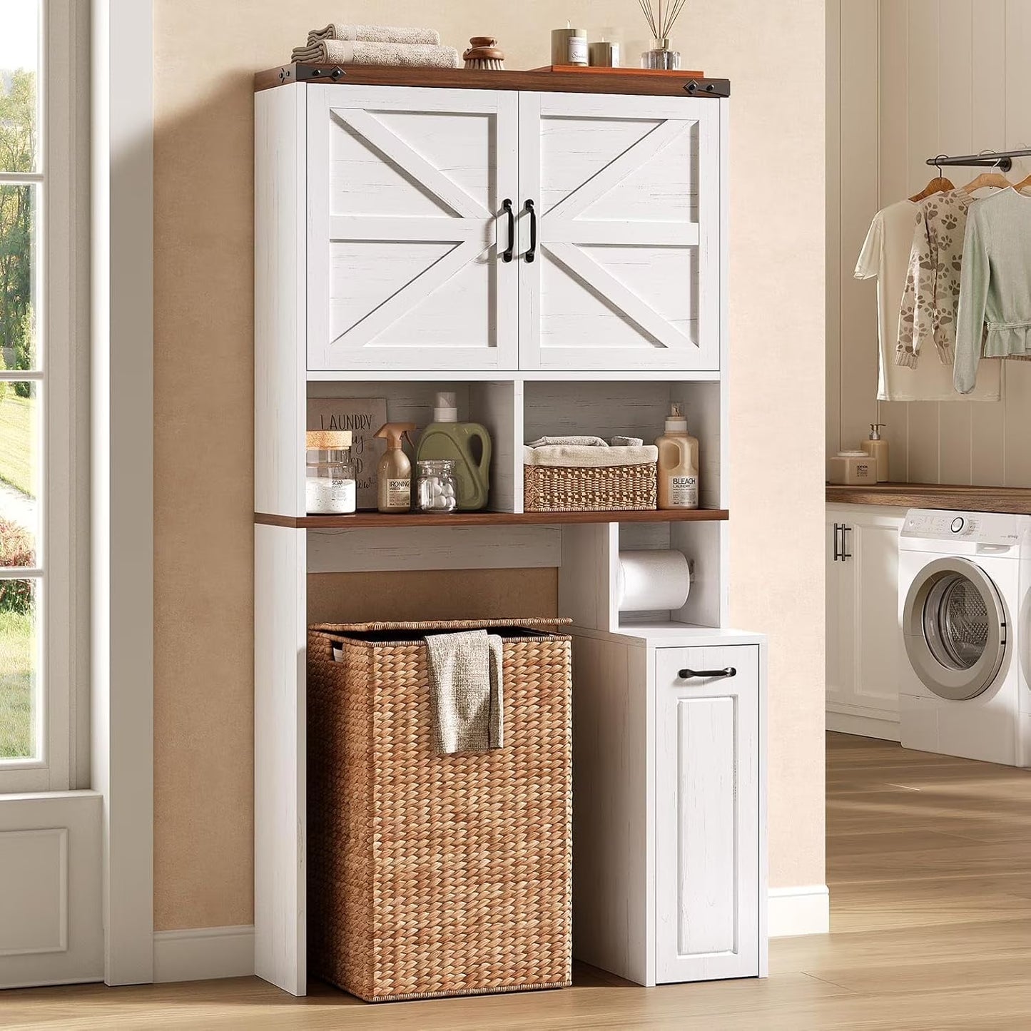 Frhnenha Over The Toilet Storage Cabinet with Pulley, Bathroom Storage Cabinet, with Adjustable Shelf and Open Shelf for Bathroom, Restroom, Laundry, White