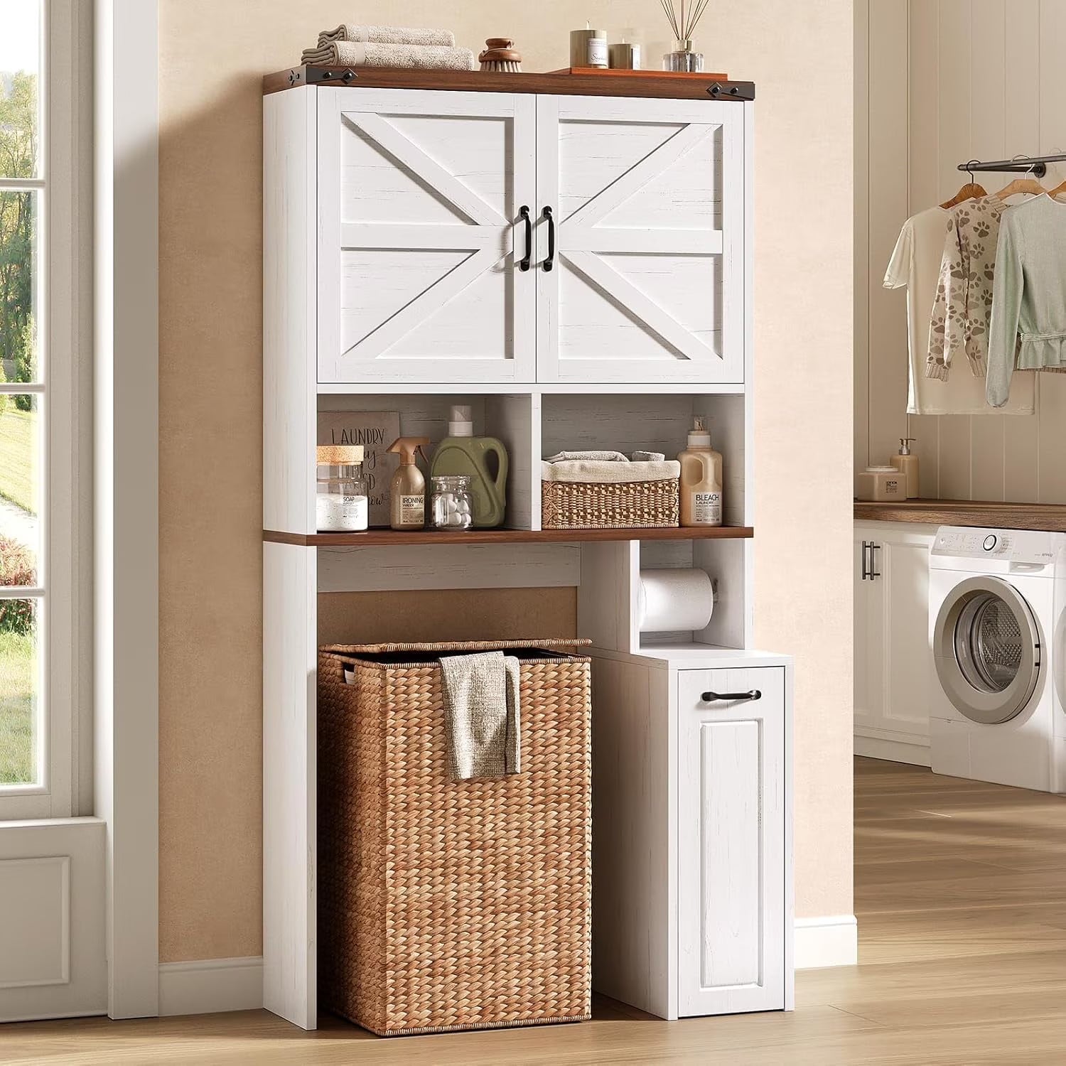 Frhnenha Over The Toilet Storage Cabinet with Pulley, Bathroom Storage Cabinet, with Adjustable Shelf and Open Shelf for Bathroom, Restroom, Laundry, White