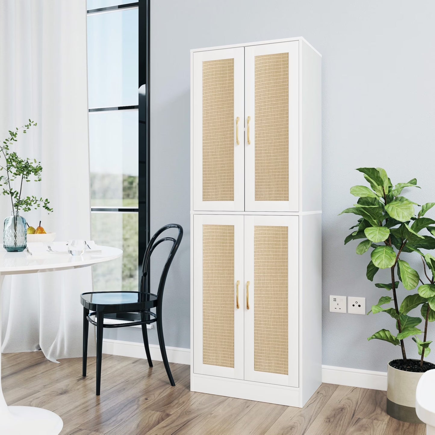 BOCVKENN Storage Cabinet - Kitchen Pantry Cabinet, Tall Pantry Storage Cabinet Freestanding with 4 Rattan Doors and Adjustable Shelves, Cupboard Cabinet for Dining Living Room, Laundry, Bathroom
