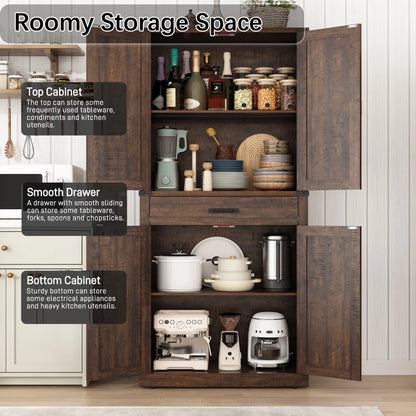 72" Tall Kitchen Pantry, Farmhouse Pantry Cabinet with 1 Drawer & 4 Layer Adjustable Shelves, Rustic Wood Storage Cupboard with Metal Load-Bearing Pipe for Kitchen Bathroom Living Room Hallway